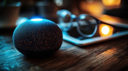 Modern Smart Speaker with Blue Light on Wooden Table at Night