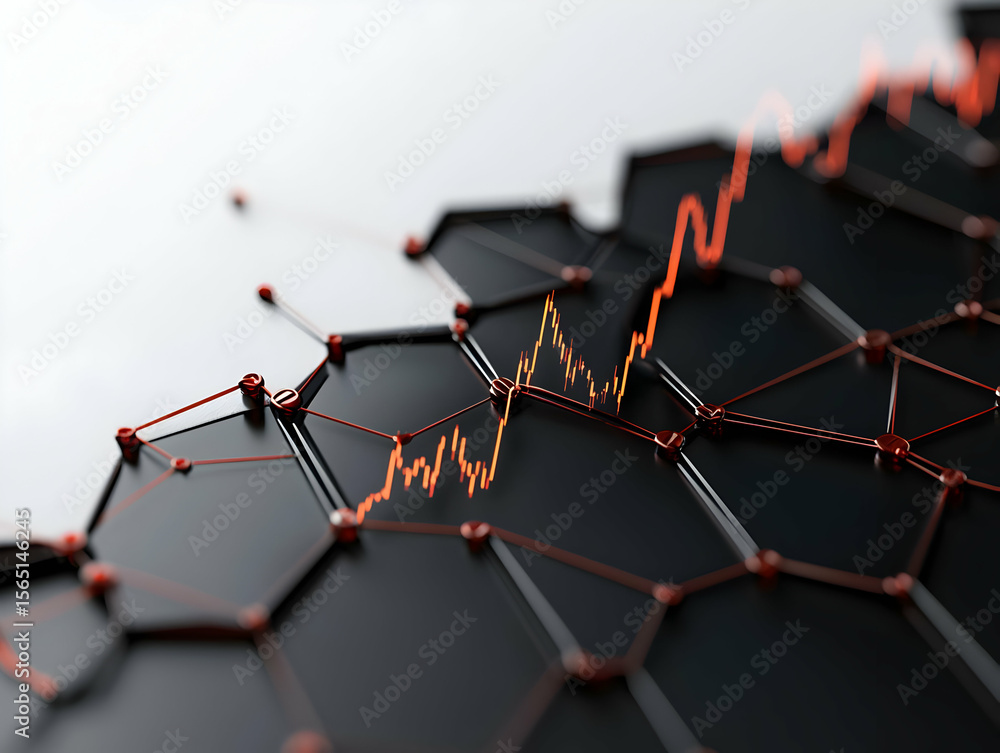 Poster abstract data visualization of a rising stock chart overlaid on a dark hexagonal network. intricate,