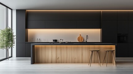 Modern kitchen island featuring stools, a sleek faucet, and glasses on a clean white background Concept of interior and kitchen design 3D Rendering