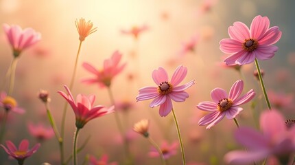 Obraz premium A beautiful field of pink cosmos flowers basking in soft, warm sunlight. A dreamy and gentle floral background representing the beauty of summer, nature, and gardens.