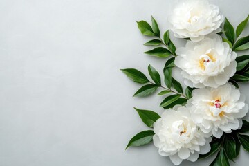 Elegant White Peonies and Lush Green Leaves on Soft Gray Background, Floral Arrangement