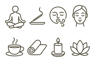 Mindful living icons set &ndash; outline, meditation and wellness lifestyle symbols