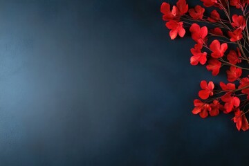 Crimson Foliage Cascade: Vibrant Red Leaves on Deep Blue Textured Backdrop