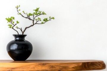 Minimalist Black Vase with Greenery on Rustic Wooden Surface, White Background.