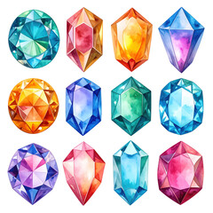 Collection of colorful gemstones and crystals with diverse shapes and sizes displaying vivid hues, transparency, faceted cuts, and intricate details on a white background