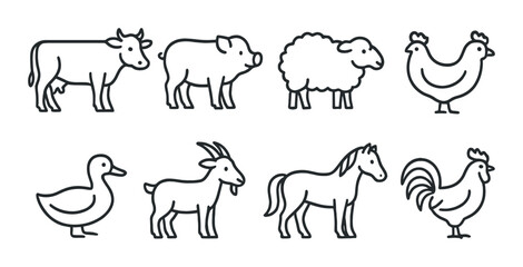 Simple farm animal icons set – silhouette, livestock and barnyard creature symbols