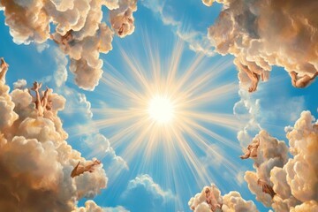 Celestial Sky with Angels and Radiant Light, Renaissance-Inspired Ceiling Mural