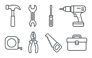 Obraz premium Essential hand tools icons set – outline, diy and repair tool symbols