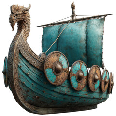 Detailed Viking Ship Model with Dragon Head and Turquoise Sail