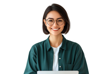 portrait of a young smilling women with laptop on transparent