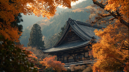 Naklejka premium Temple roof peeking through autumn trees, smoky brush lines
