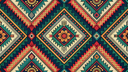 Seamless fabric pattern, Mexican tribal fabric pattern, bright red background.