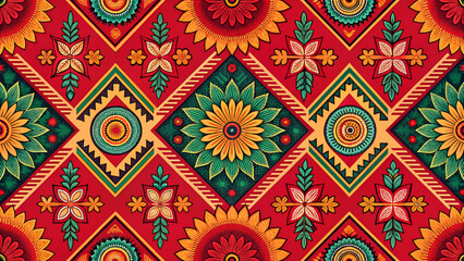 Red background, applied Thai fabric pattern, seamless pattern, designed for printing on fabric or wallpaper.