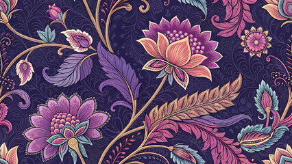 Purple background, seamless pattern, Thai motifs and colorful floral patterns for printing, fabric or wallpaper.