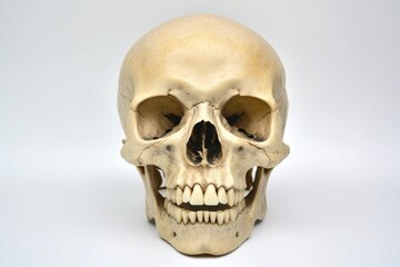 Naklejka premium Isolated Human Skull. Natural Death Representation in Striking Black and White for Medical and Halloween Themes