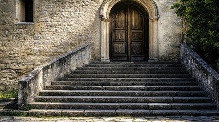 Majestic Church Entryway: Doors Framed by Steps Leading to Sacred Space