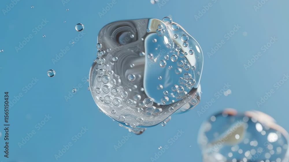 Poster three transparent spheres filled with water and bubbles, with the bubbles floating in the middle of 