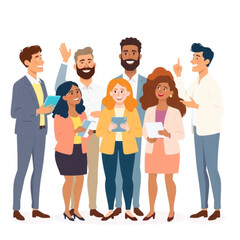 A group of seven team members are celebrating a team win. Some are holding tablets, others taking notes or gesturing as they speak.