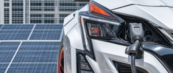 Fototapeta premium On a bright, sunny day, a white electric vehicle is being charged at a solar powered charging station, emphasizing the importance of renewable energy and eco-friendly transportation
