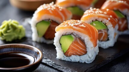 Fresh Salmon Avocado Sushi Rolls with Wasabi and Soy Sauce
