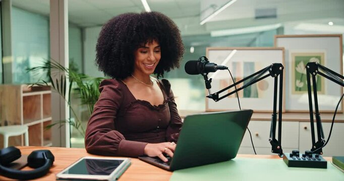 Studio, laptop and African woman with mic for podcast, editing stream and recording with tech. Content creation, journalism and happy person on computer for audio, radio presenter and hosting show