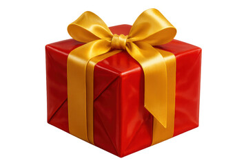 Obraz premium Gleaming red gift box adorned with golden ribbon, positioned against transparent backdrop, representing festive holiday celebration moments