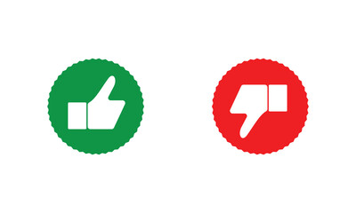Like and dislike symbol set in green and red circle.  Thumbs up, down icon set isolated on green and red background. Do and Don't symbols.  Like and dislike vector icons.  Thumbs up and down icon.