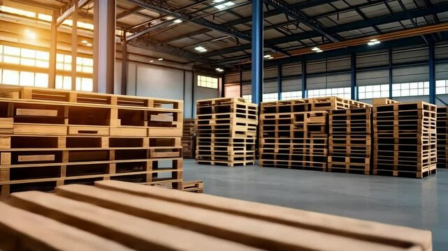 Warehouse interior with stack of wooden pallets, material handling and storage equipment.