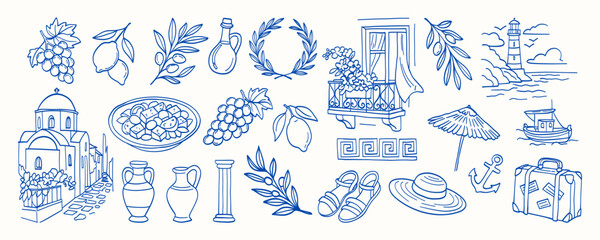A blue and white image of various food items and objects, including a vase, a bowl, a bottle, a lemon, a grape, an umbrella, a boat, and a suitcase