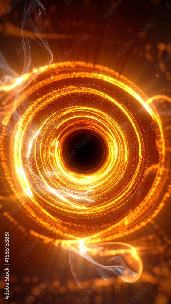 Poster a mesmerizing abstract image features a glowing orange and golden particle vortex, resembling a blac