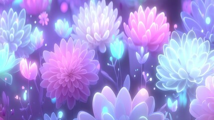 Obraz premium Translucent flowers shine with a colorful glow under the vibrant lights of the night garden exhibition