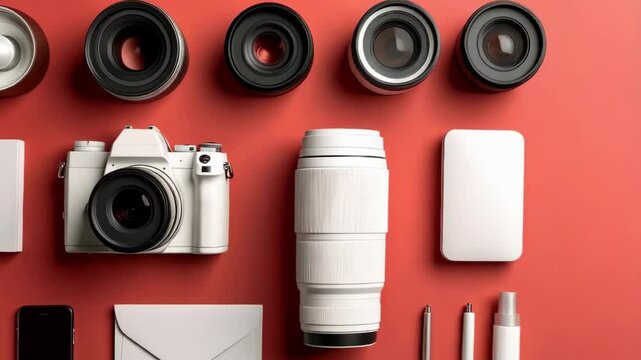 Flat lay of a white camera, various camera lenses, smartphone, and small boxes arranged on a red background.
