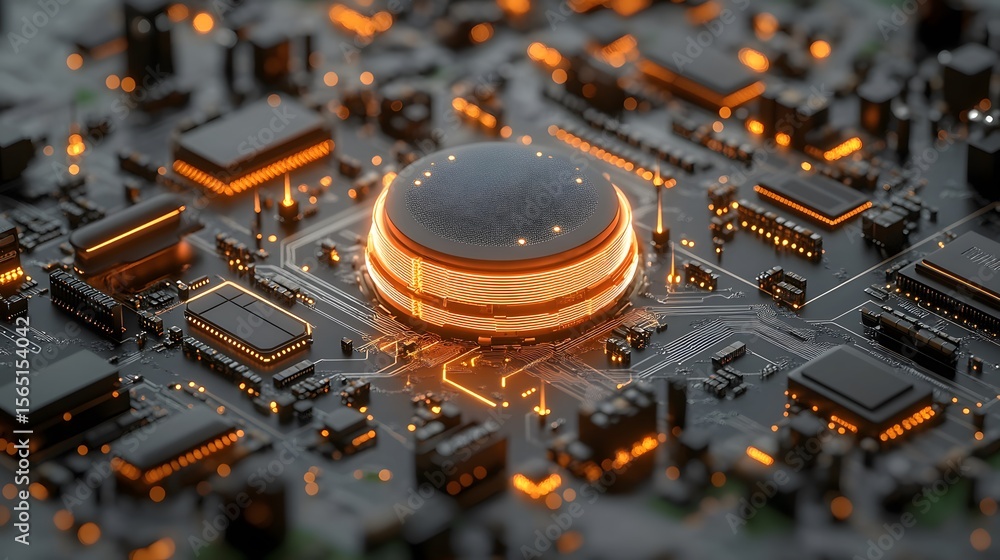 Poster close-up view of a circuit board with a glowing component.