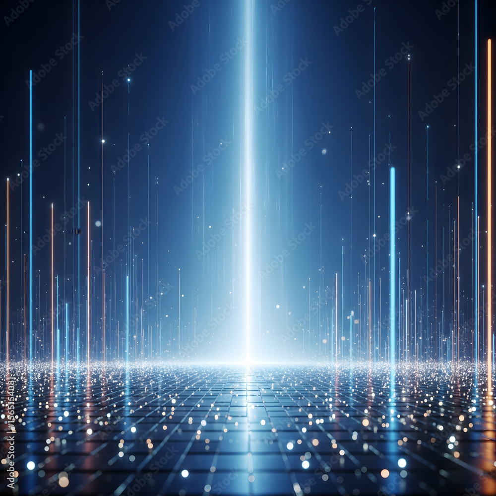 Poster a stunning abstract image features a central blue light beam illuminating a grid of glowing particle