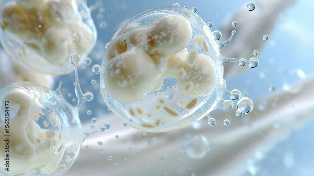 Poster three white spheres floating in a blue background. the spheres are positioned in the middle of the b