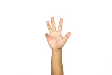 Naklejka premium Hand reaching out with open fingers, isolated on white background. Gesture indicating grasping or signaling, ideal for interaction and communication concepts.
