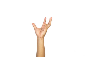Hand reaching out with open fingers, isolated on white background. Gesture indicating grasping or...