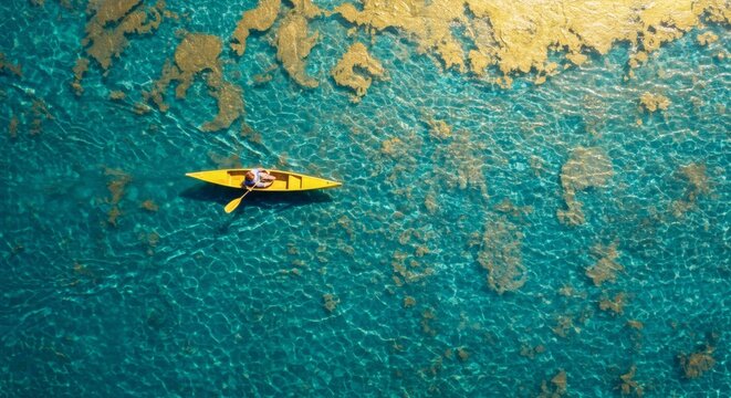 Kayaking in Crystal-Clear Turquoise Waters Aerial View of Serene Paddleboarding Adventure
