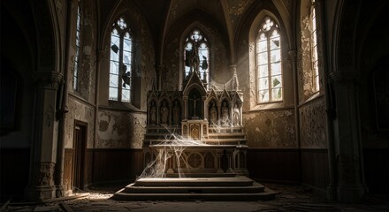 Fototapeta premium Abandoned Church Interior: Spooky Altar Covered in Cobwebs and Debris