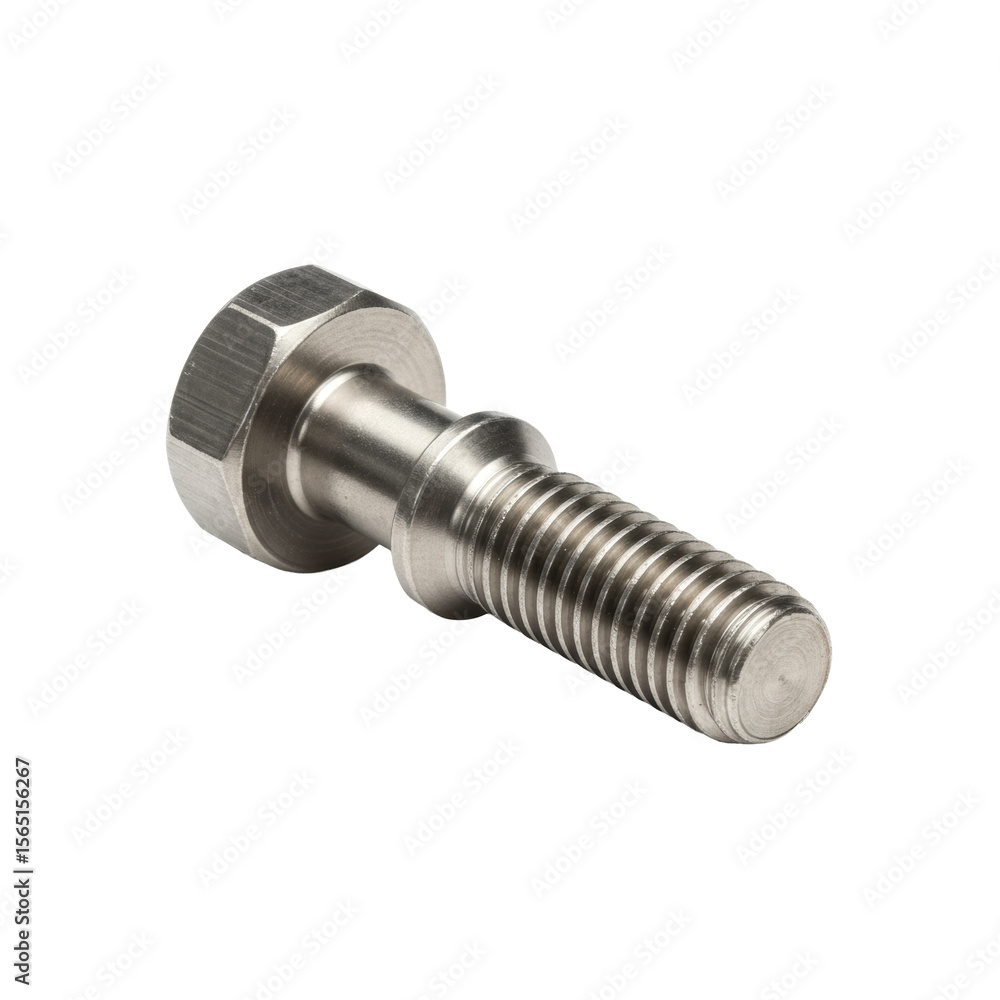 Poster precision-machined, polished stainless steel shoulder bolt with hexagonal head and sharp threading, 