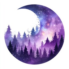 A modern illustration featuring a nighttime forest landscape, starry sky, and galaxy silhouette is suitable for outdoor adventure blogging, astronomy educational materials, or the promotion of