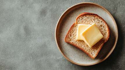Slices of fresh bread with creamy butter on a rustic ceramic plate over a textured surface. Simple classic breakfast or snack.
