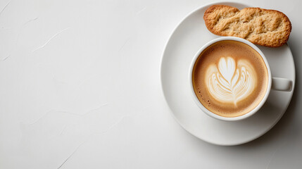 Cup of cappuccino with beautiful latte art served on a white plate with a biscuit over a textured white background. Minimalistic cozy coffee break.
