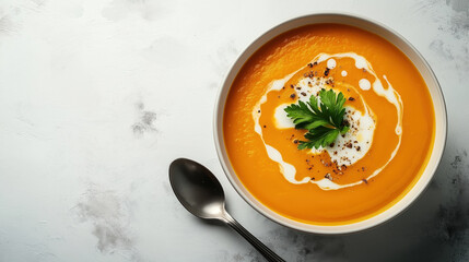 Bowl of creamy orange vegetable soup with garnish of cream and fresh herbs on a textured white background. Warm comforting homemade meal.