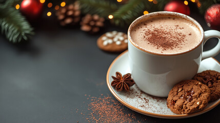 Christmas cup of hot chocolate with cocoa powder and cookies on a plate surrounded by festive decorations, pine branches, and warm holiday lights.