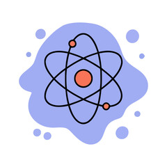 An atom model with electrons orbiting a nucleus, set against a light purple abstract background.
