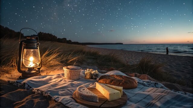 Romantic beach picnic under the stars with cheese and bread.