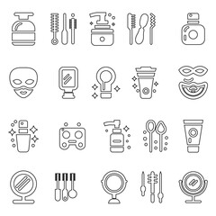 Editable line shape makeup icon set. Including icon beauty, cosmetic, fashion, perfume, cream, needle, bottle, comb, brush vector illustration. Skin care shape icon for beauty salon.