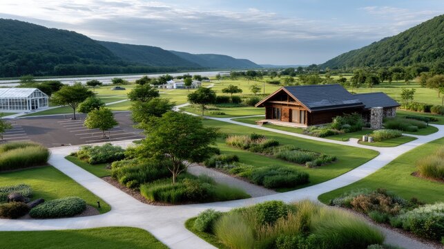 Vibrant vegetable rows, fruit trees, and a charming log cabin create a serene organic farm oasis amid lush greenery and forest - Powered by Adobe