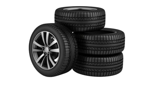 A New Car Tires: Four brand new car tires stacked on top of each other. The tires are black and have a tread pattern. They are isolated on a white background.